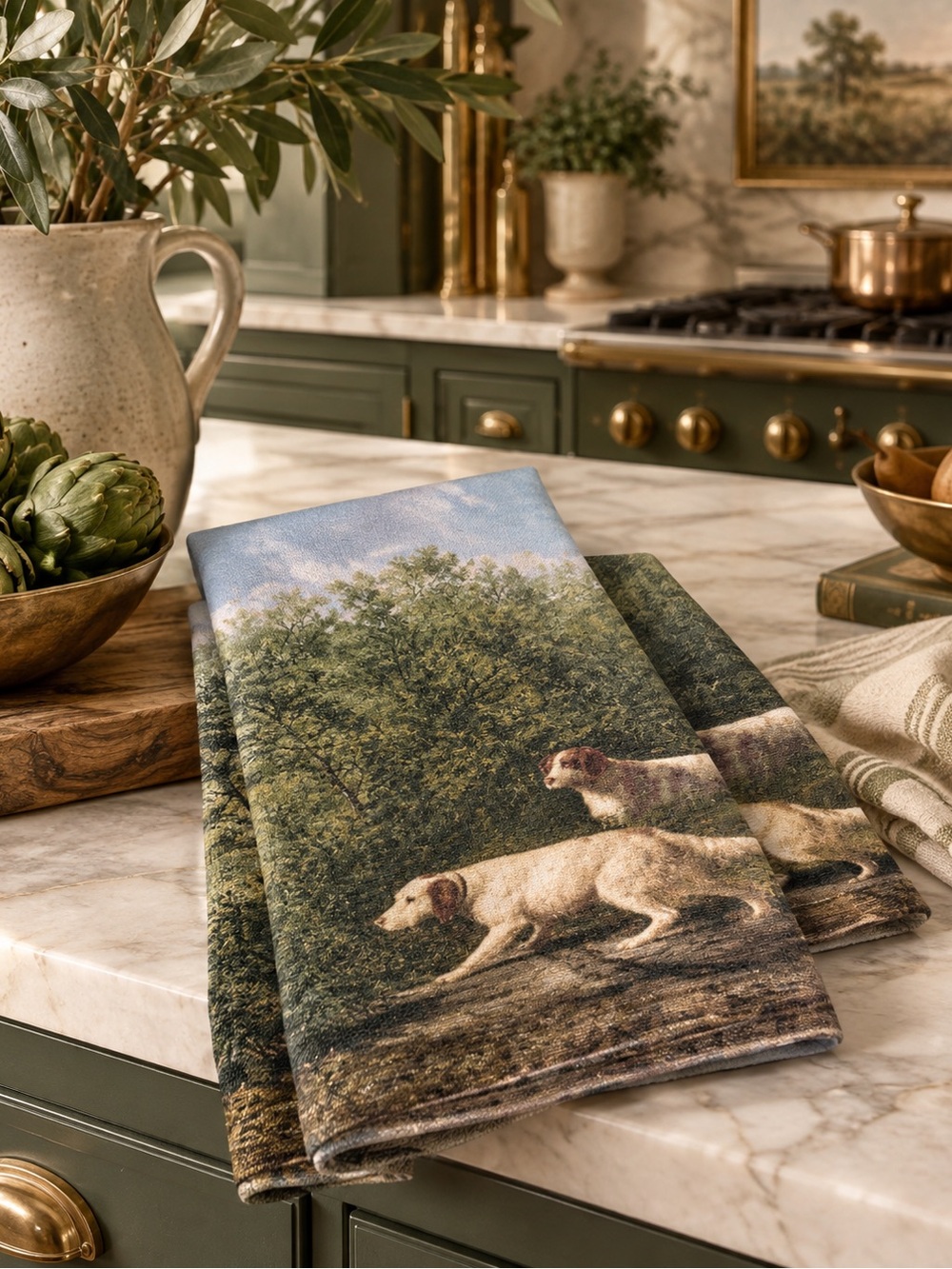 MFA kitchen towels. “landscape with Dogs” English kitchen /Ralph Lauren inspo